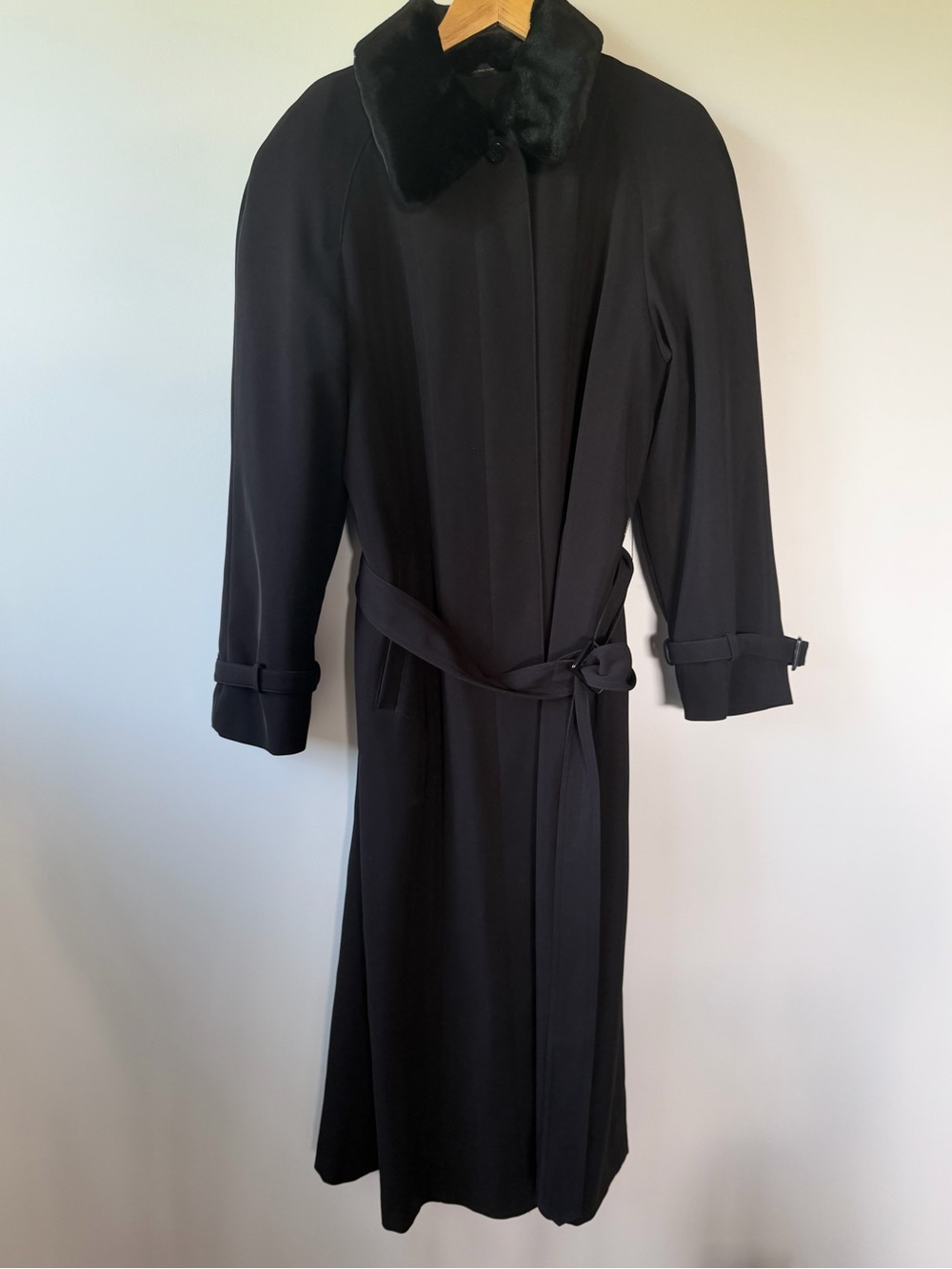 Utex Black Long Trench Coat with Faux Fur Collar